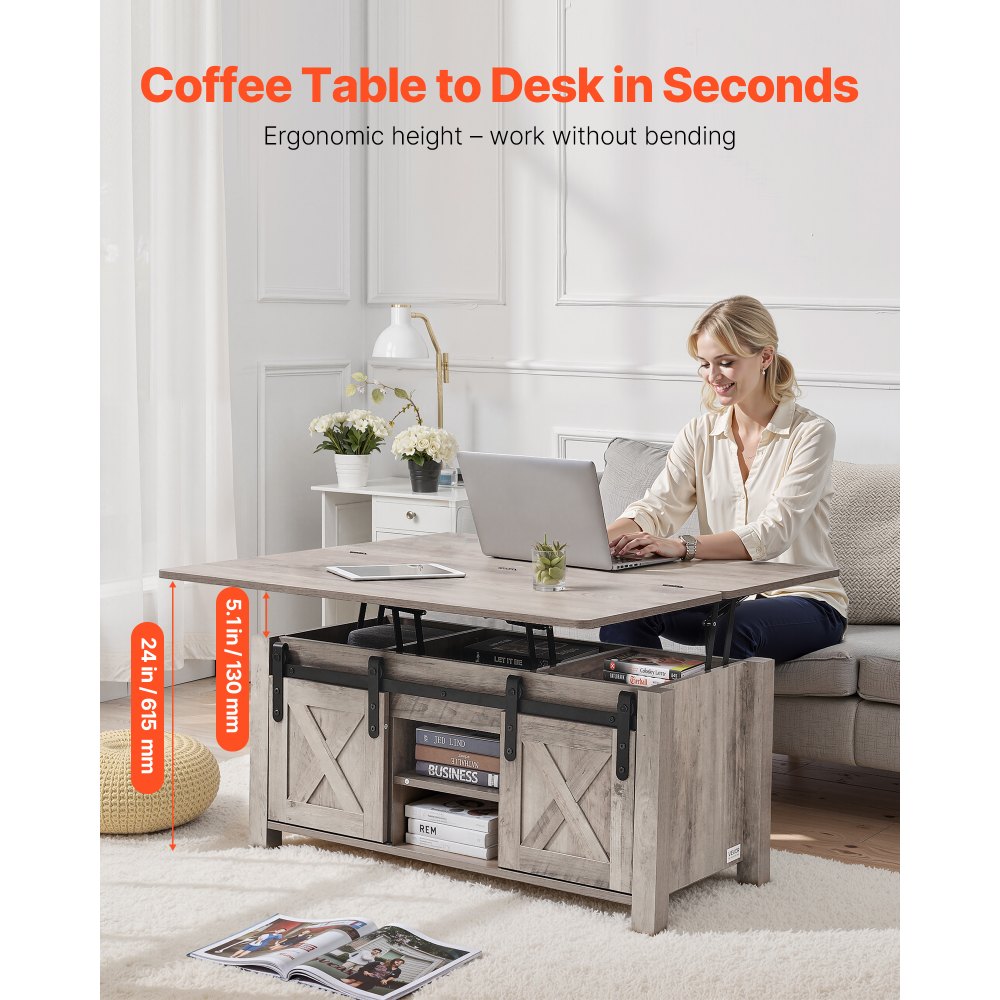 VEVOR 1000 mm Farmhouse Lift Top Coffee Table, Rustic Center Table with Barn Door and Hidden Storage Compartment, Modern Rectangle Lifting Tabletop for Living Room, Office, Home, Easy Assembly, Oak