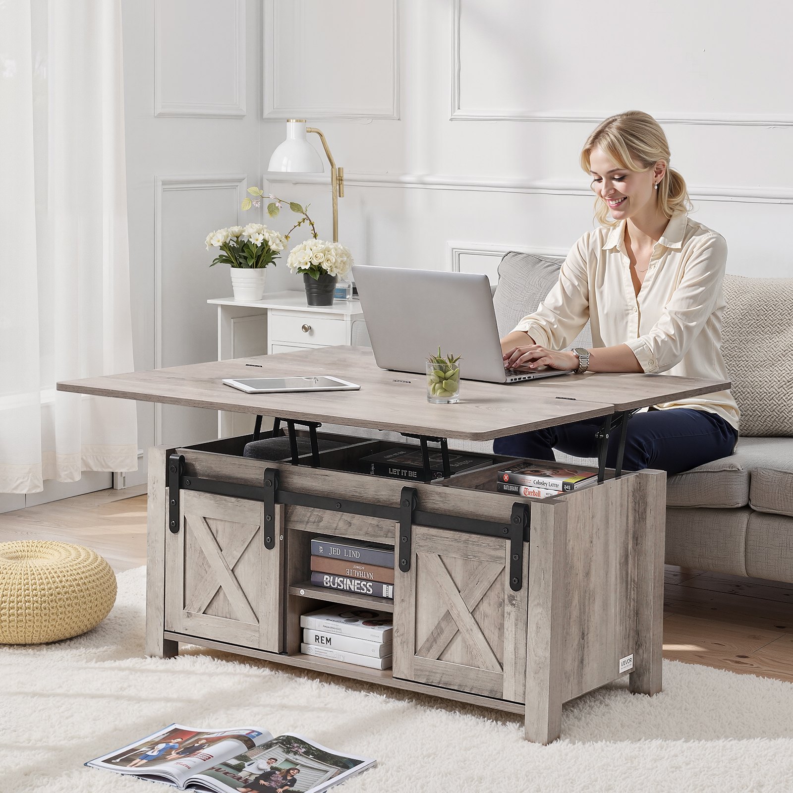 VEVOR 1000 mm Farmhouse Lift Top Coffee Table, Rustic Center Table with Barn Door and Hidden Storage Compartment, Modern Rectangle Lifting Tabletop for Living Room, Office, Home, Easy Assembly, Oak