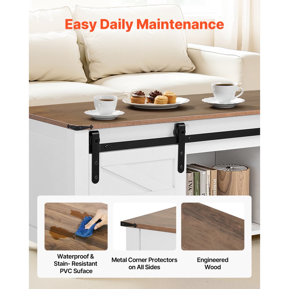 VEVOR 1200 mm Farmhouse Lift Top Coffee Table, Rustic Center Table with Barn Door and Hidden Storage Compartment, Modern Rectangle Lifting Tabletop for Living Room, Office, Home, Easy Assembly, White
