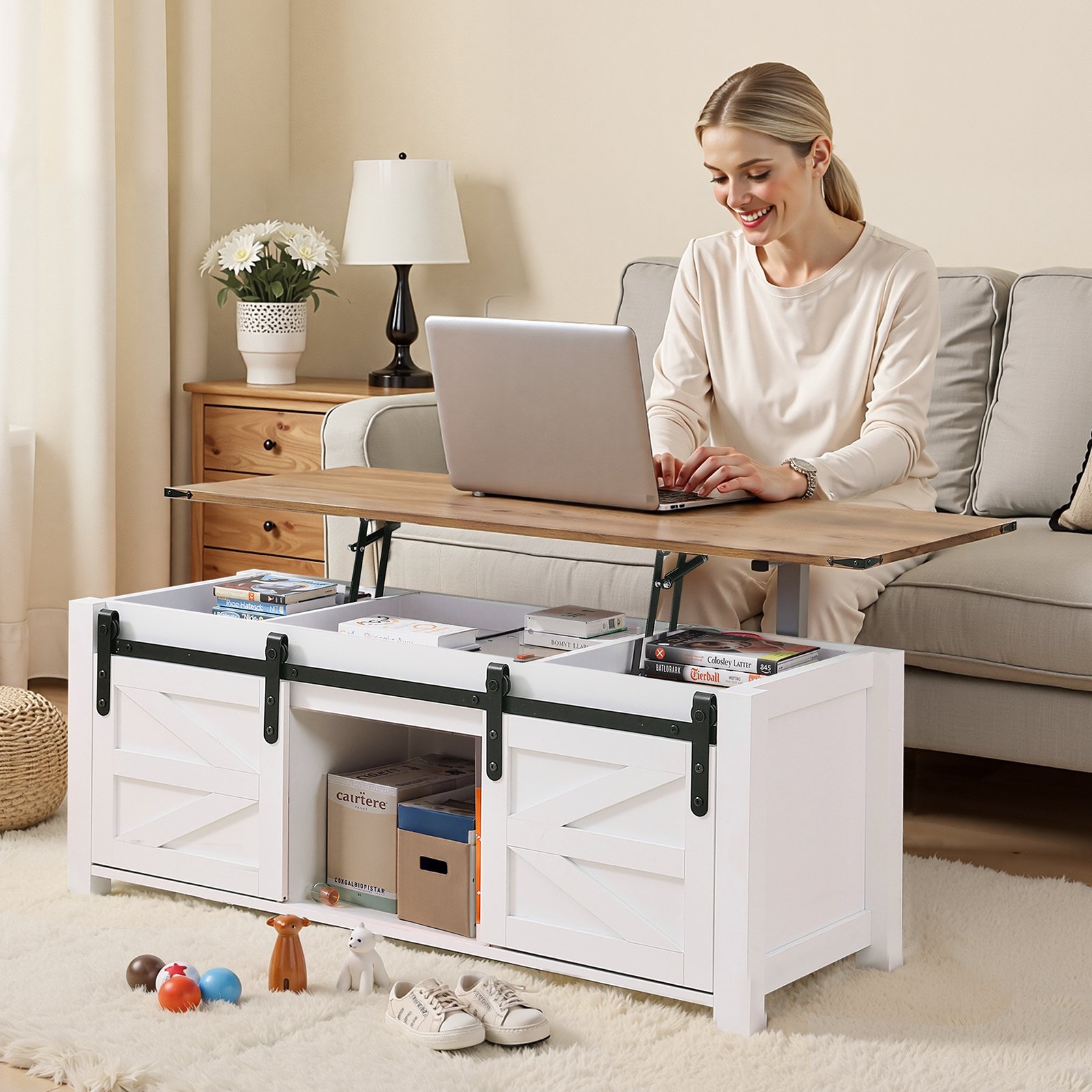 VEVOR 1200 mm Farmhouse Lift Top Coffee Table, Rustic Center Table with Barn Door and Hidden Storage Compartment, Modern Rectangle Lifting Tabletop for Living Room, Office, Home, Easy Assembly, White