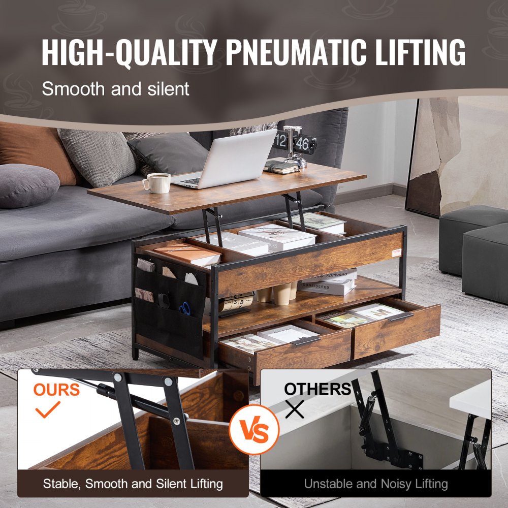 VEVOR Lift Top Coffee Table, 39.4 in Rectangle Coffee Table with Extra Storage Pockets, Pop Up Coffee Table with Power Strip & USB & Ambient Lighting for Living Room, Brown