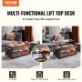 VEVOR Lift Top Coffee Table, 39.4 in Rectangle Coffee Table with Extra Storage Pockets, Pop Up Coffee Table with Power Strip & USB & Ambient Lighting for Living Room, Brown