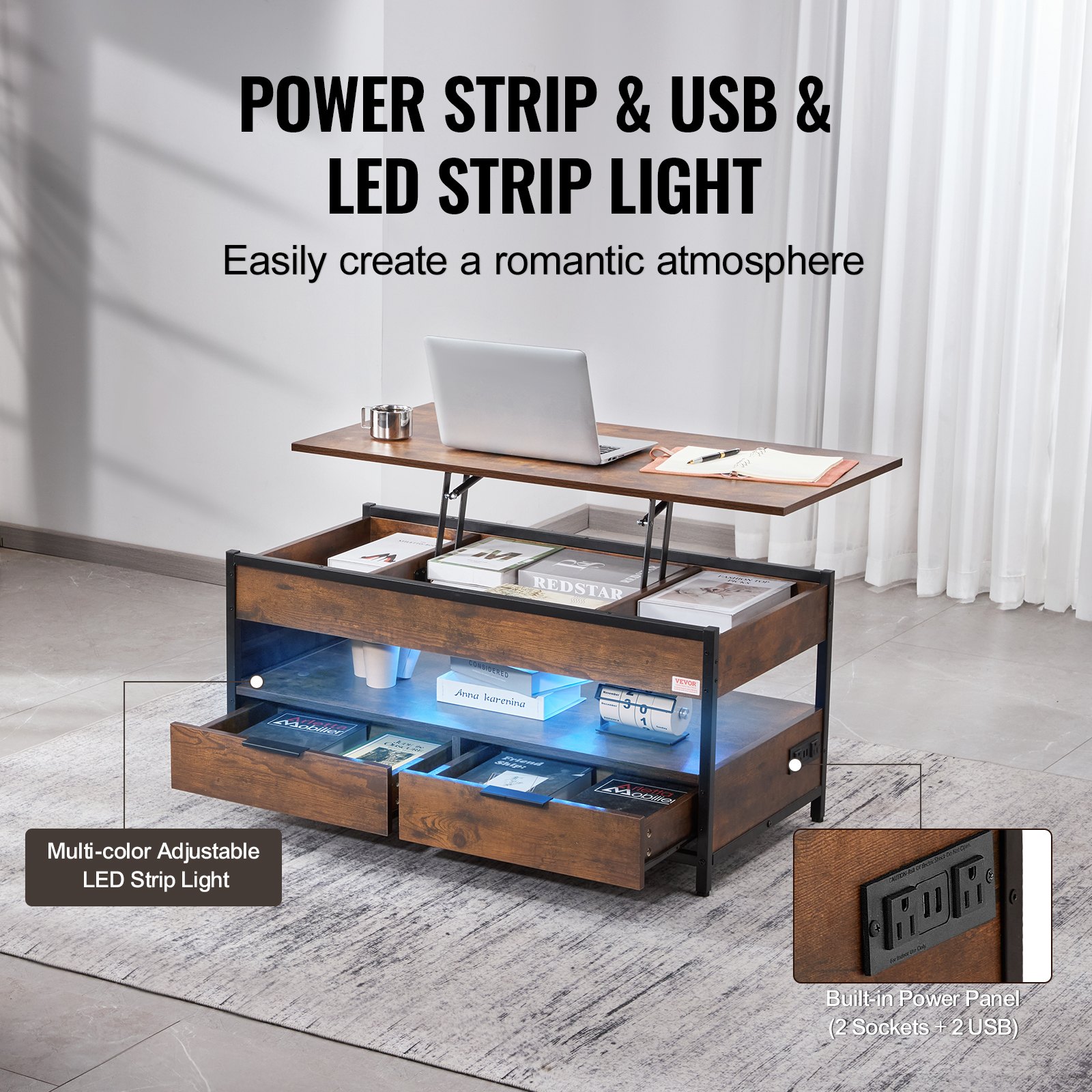 VEVOR salontafel met opklapbaar blad, 39,4 inch rechthoekige salontafel met extra opbergvakken, opvouwbare salontafel met stekkerdoos, USB en sfeerverlichting voor de woonkamer, bruin