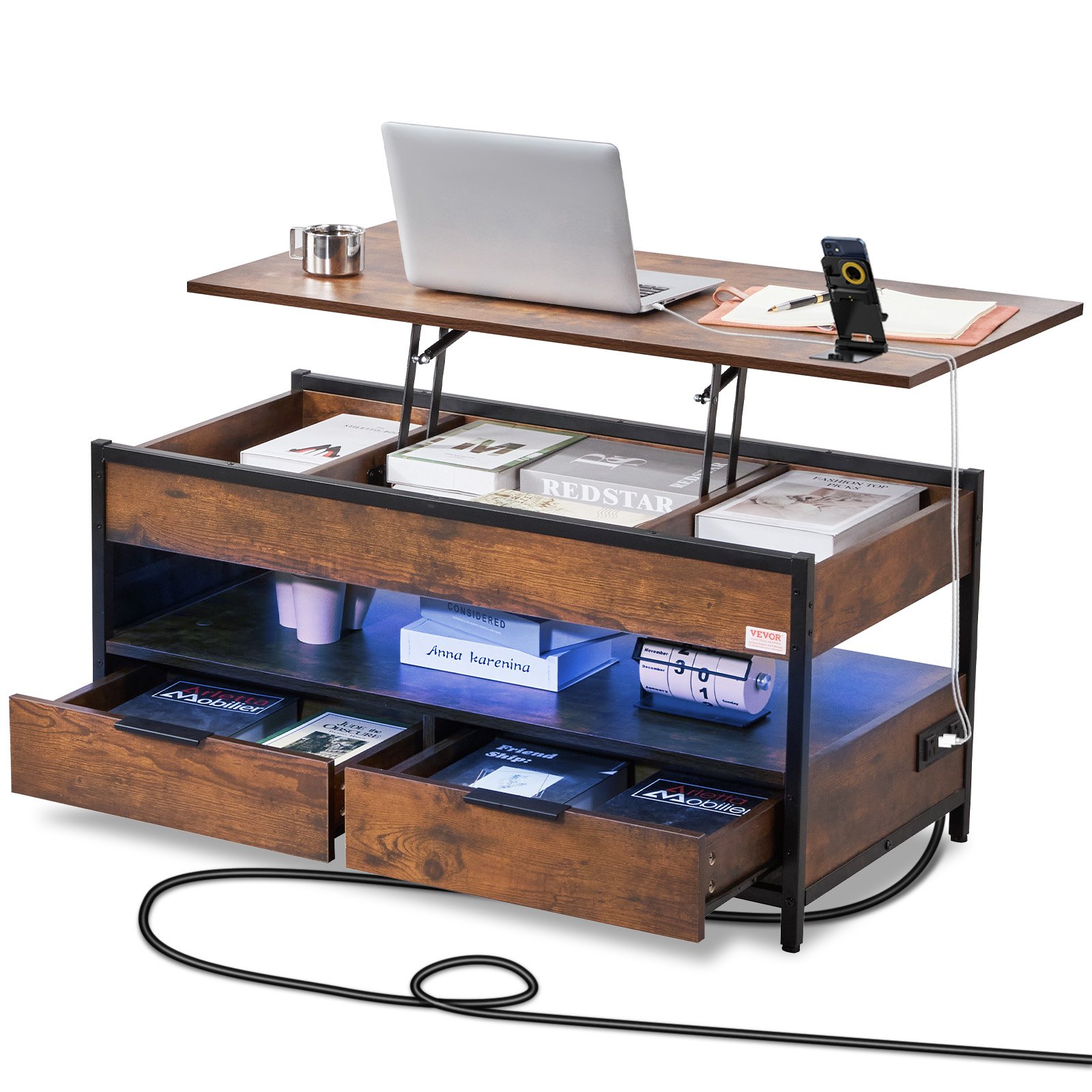 VEVOR salontafel met opklapbaar blad, 39,4 inch rechthoekige salontafel met extra opbergvakken, opvouwbare salontafel met stekkerdoos, USB en sfeerverlichting voor de woonkamer, bruin