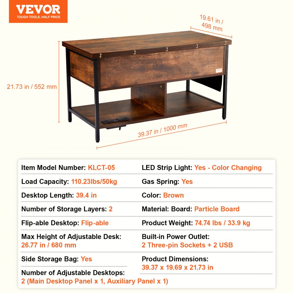 VEVOR Lift Top Coffee Table, 39.4 in Rectangle Coffee Table with Extra Storage Pockets, Flipable Coffee Table with Power Strip & USB & Ambient Lighting for Living Room, Brown