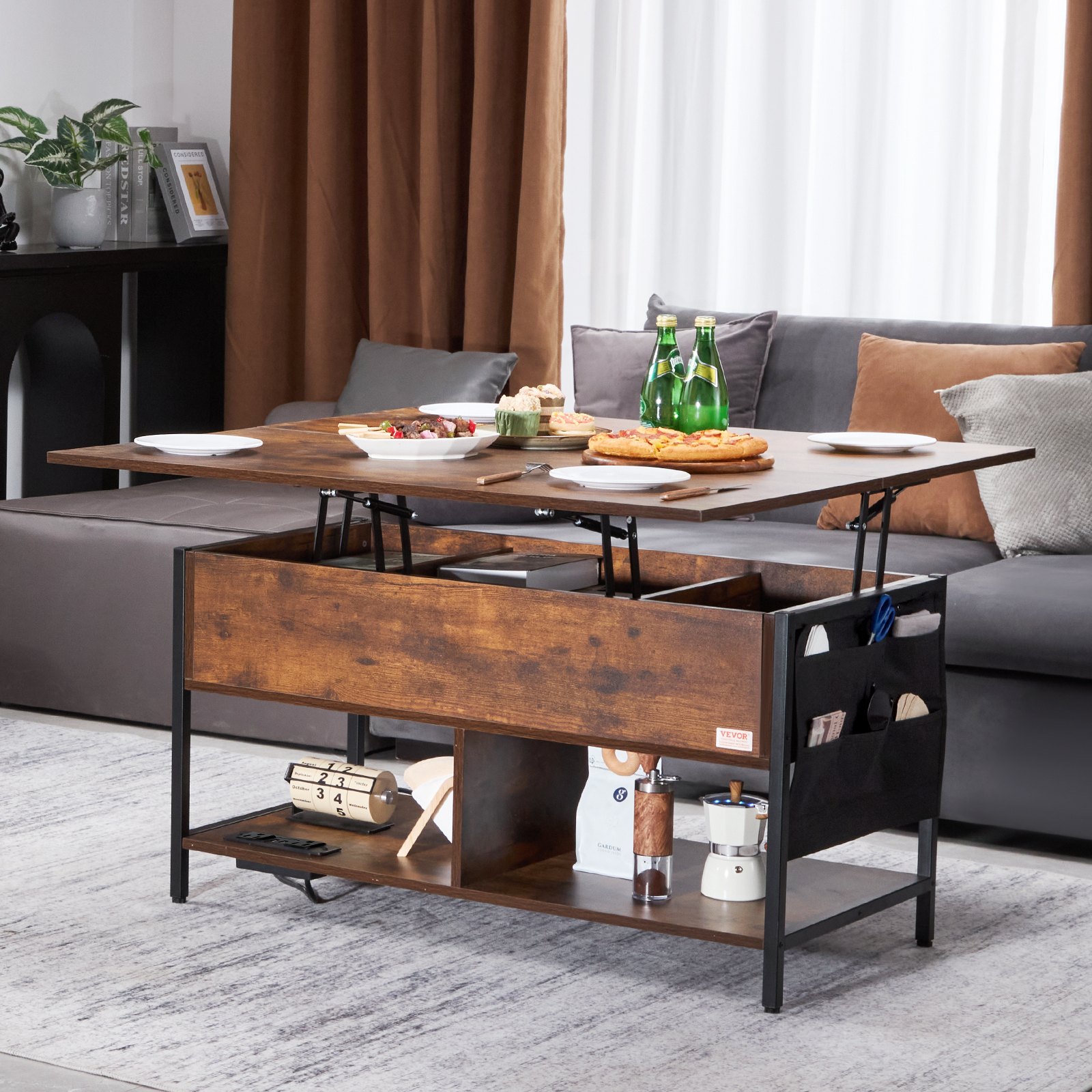VEVOR Lift Top Coffee Table, 39.4 in Rectangle Coffee Table with Extra Storage Pockets, Flipable Coffee Table with Power Strip & USB & Ambient Lighting for Living Room, Brown