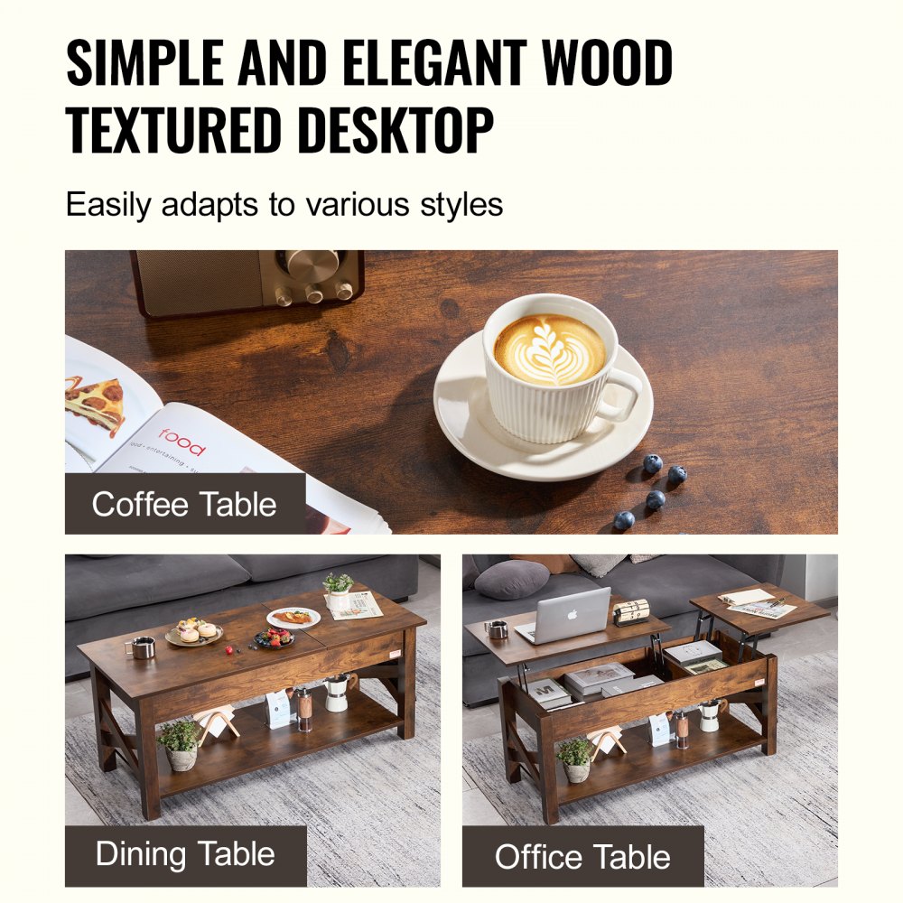 VEVOR Lift Top Coffee Table, 47.5 in Rectangle Coffee Table with Extra Storage Pockets, Pop Up Coffee Table for Living Room, Brown