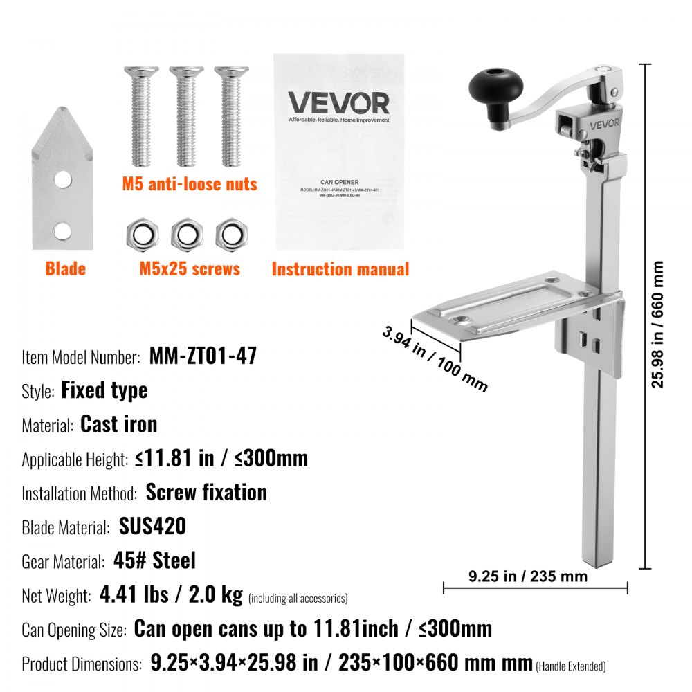VEVOR Commercial Can Opener, Heavy-Duty Manual Tabletop Cans Opener for Cans Up to 11.8 in Height, Height-Adjustable Professional Can Openers with Stainless Steel Blade, for Restaurant & Food Store