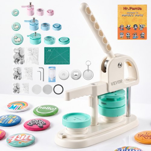 VEVOR knopenmachine 25/32/58 mm knopenmaker, badge maker, voor doe-het-zelf badges en pins, gemaakt van kunststof met 500 knopen, 15 koelkastdecoraties, flesopeners en sleutelhangers.