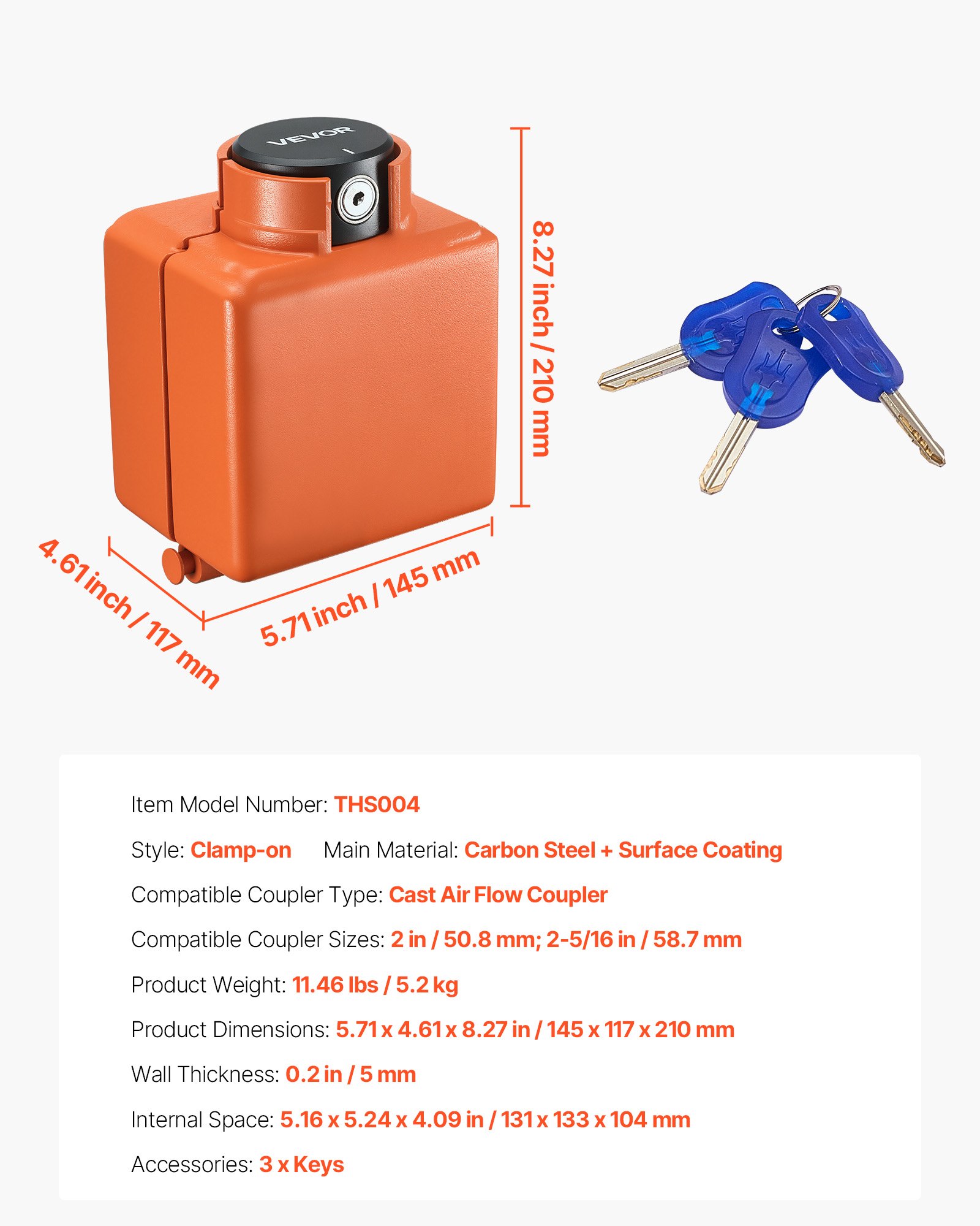 VEVOR aanhangwagenslot, compatibel met 50,8/58,7 mm trekhaken, robuust aanhangwagenslot met 3 sleutels, antidiefstalbeveiligingsslot voor campers, aanhangwagens en boten