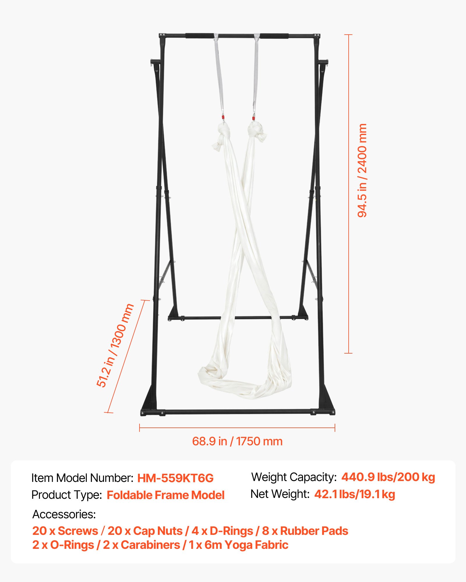 VEVOR Aerial Yoga Frame Swing Stand met 6 meter lange yogahangmat (wit) & max. 200 kg draagvermogen & driehoekige structuur & EVA-schuim, 4 horizontale en 6 verticale verstelmogelijkheden
