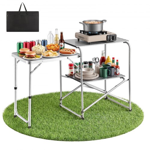 VEVOR opklapbare campingtafel, campingkookstation met bijzettafel, hittebestendig tafelblad en draagtas, draagbaar campingkeukenstation, ideaal voor picknicks, barbecues en camperreizen.