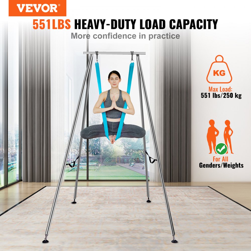VEVOR Aerial Yoga Hangmat met Yogaframe 12 x 2,6 m, Blauwe Yoga Schommel Air Flying, Yoga Schommel Hangmat Schommel, Max. Draagvermogen 250 kg, Inclusief Yogasokken en Voetkussentjes, Anti-zwaartekrachtoefeningen