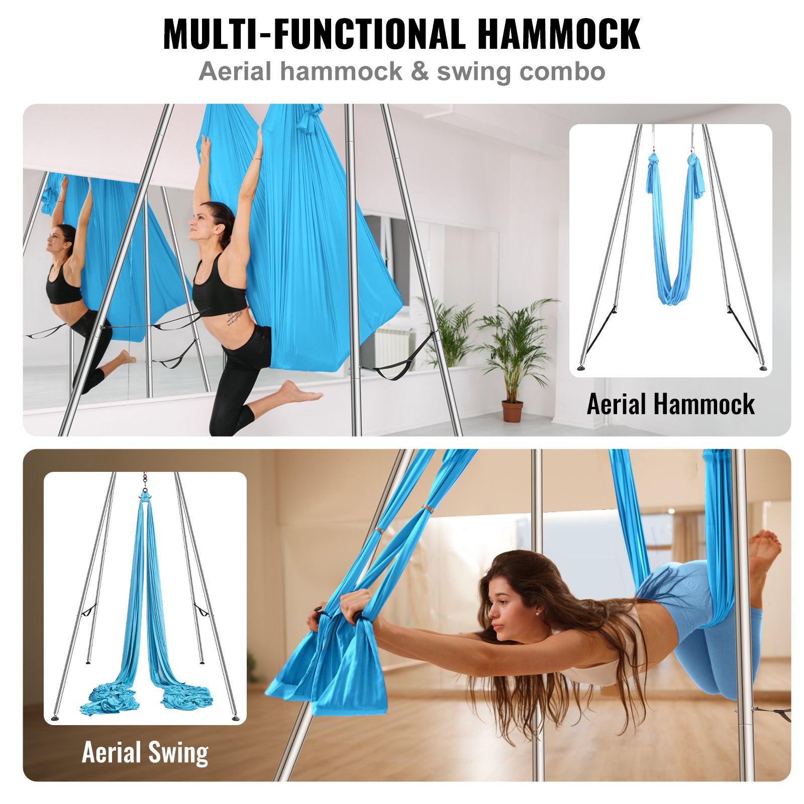 VEVOR Aerial Yoga Hangmat met Yogaframe 12 x 2,6 m, Blauwe Yoga Schommel Air Flying, Yoga Schommel Hangmat Schommel, Max. Draagvermogen 250 kg, Inclusief Yogasokken en Voetkussentjes, Anti-zwaartekrachtoefeningen