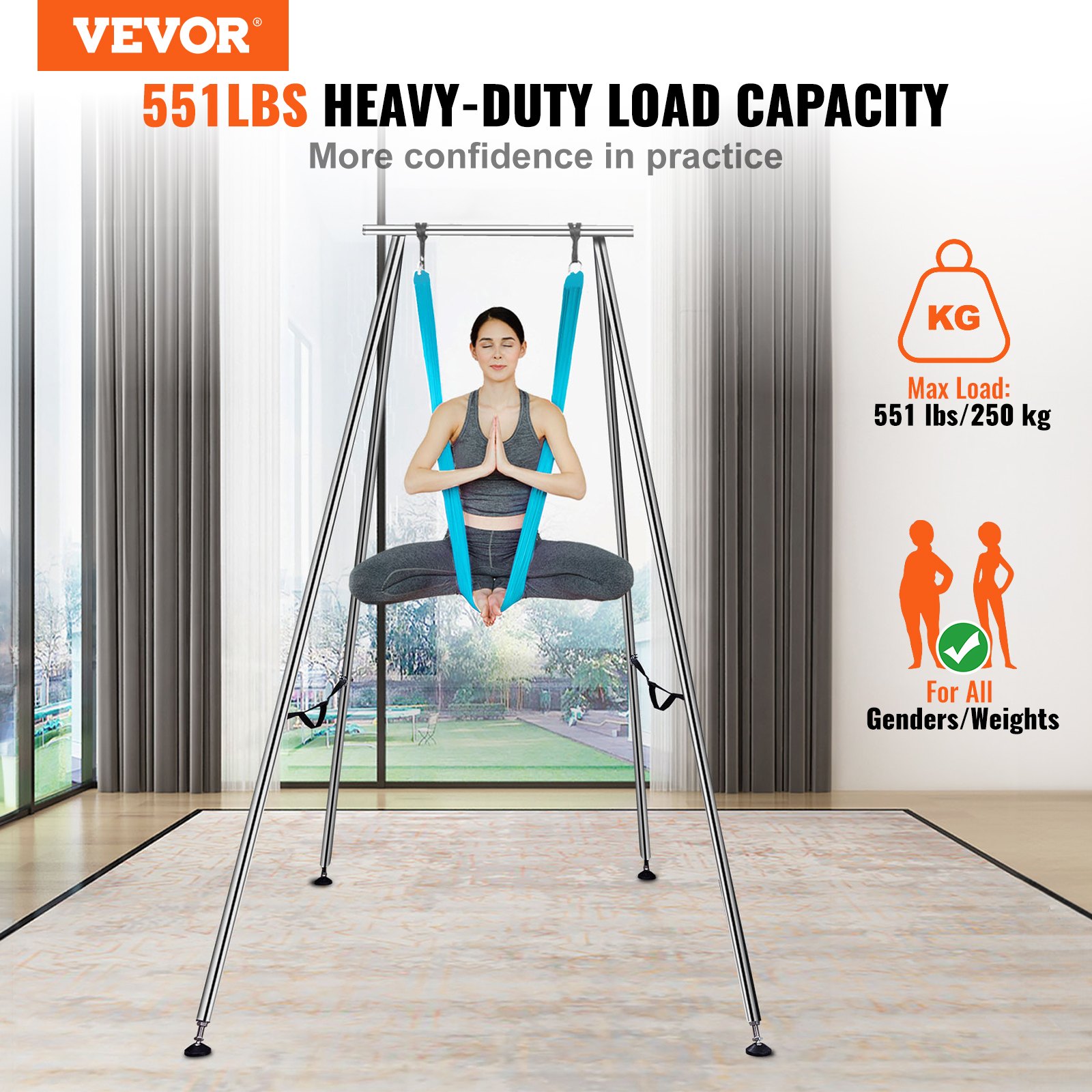 VEVOR Aerial Yoga Hangmat met Yogaframe 12 x 2,6 m, Blauwe Yoga Schommel Air Flying, Yoga Schommel Hangmat Schommel, Max. Draagvermogen 250 kg, Inclusief Yogasokken en Voetkussentjes, Anti-zwaartekrachtoefeningen