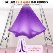 VEVOR Aerial yoga-hangmat met yogaframe 12 x 2,6 m, paars yogaschommel Air Flying, yogaschommel hangmatschommel 250 kg max. draagvermogen, inclusief yogasokken en voetkussens, anti-zwaartekrachtoefeningen