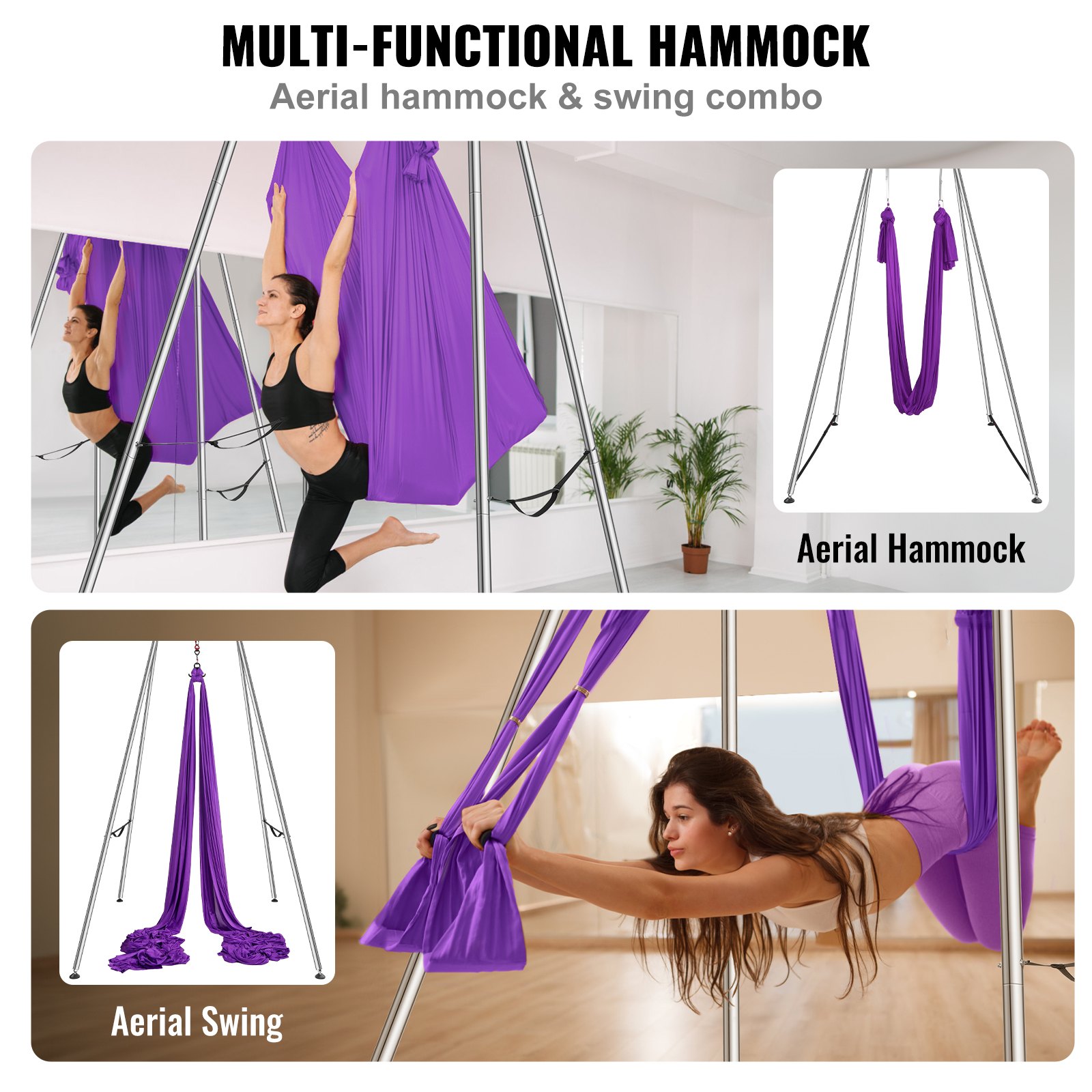 VEVOR Aerial Yoga Hangmat met Yogaframe 12 x 2,6 m, Paarse Yoga Swing Air Flying, Yoga Swing Hangmat, Max. Draagvermogen 250 kg, Inclusief Yogasokken en Voetkussentjes, Anti-zwaartekrachtoefeningen