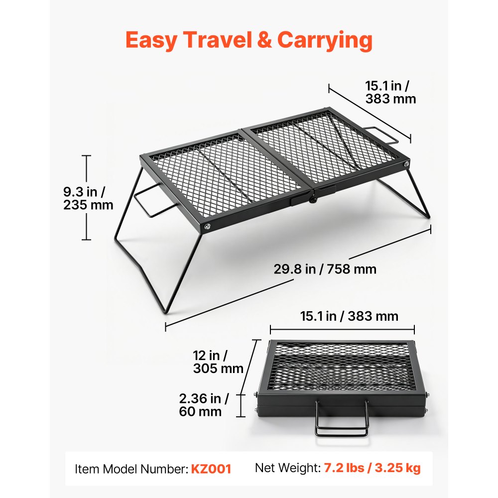 VEVOR opvouwbaar grillrooster voor kampvuren 758 x 383 x 235 mm, draagbare tafelgrill van koolstofstaal met poten en handvat, grillrooster voor buiten grillen, kamperen en tuinieren