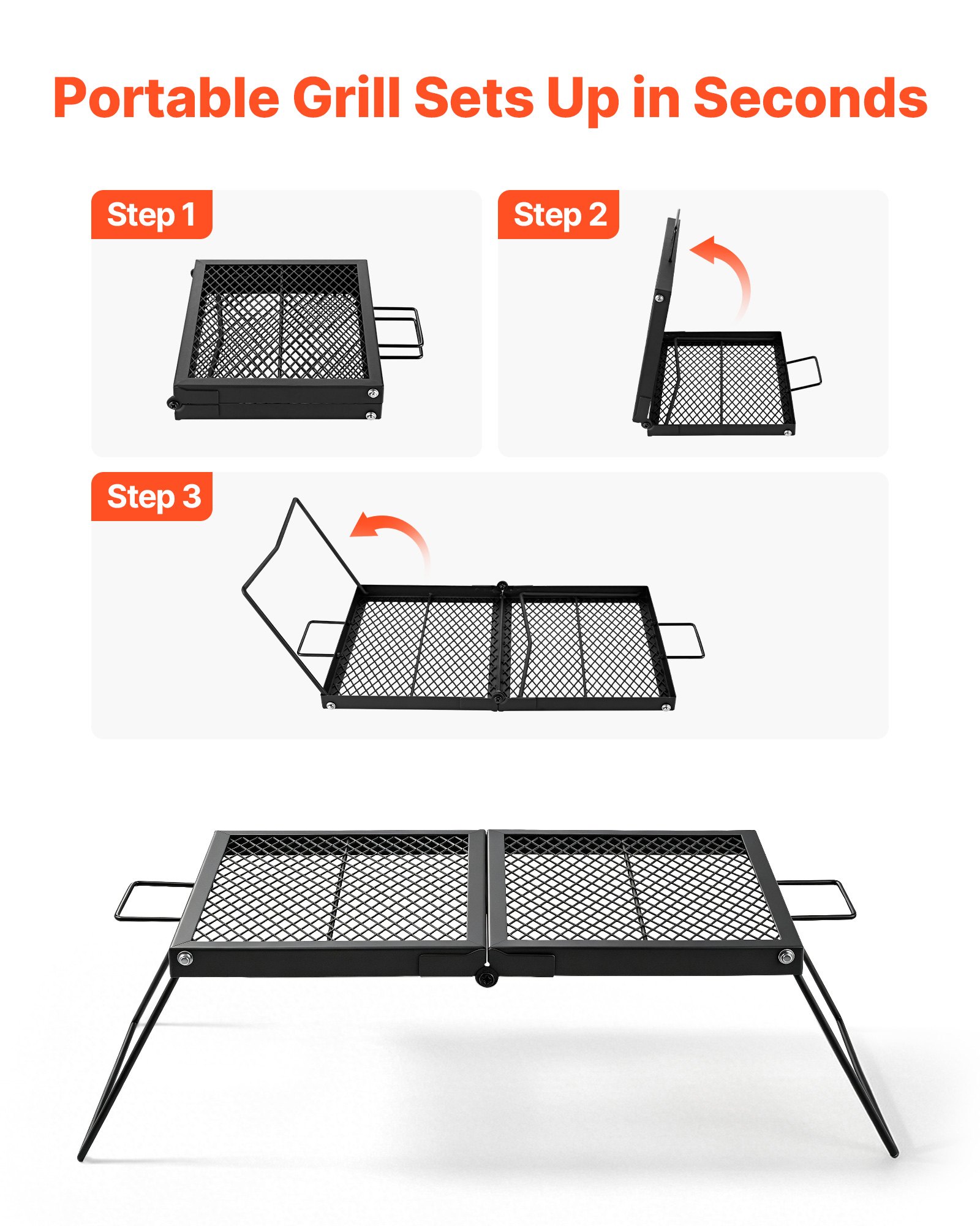 VEVOR opvouwbaar grillrooster voor kampvuren 758 x 383 x 235 mm, draagbare tafelgrill van koolstofstaal met poten en handvat, grillrooster voor buiten grillen, kamperen en tuinieren