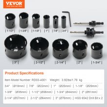 VEVOR Hole Saw Kit, 11 PCS Saw Blades, 2 Drill Bits, 1 Hex Wrench, Bi Metal M42 Hole Saw Set with Carrying Case, General Purpose Size from 3/4" to 3", Ideal for Wood Board, Iron and Plastic Plate