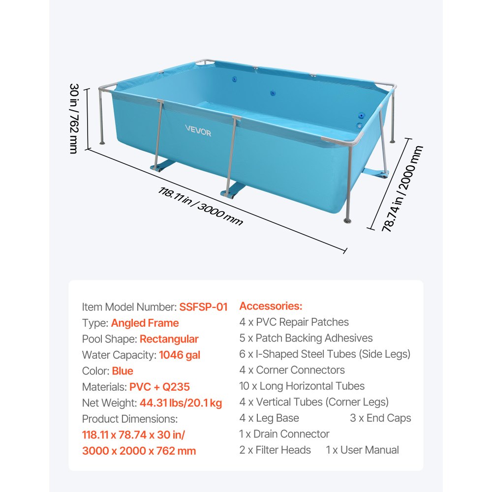 VEVOR Frame Above Ground Swimming Pool, 118 x 78 x 30 in Rectangular Steel Metal Frame, Large Rectangle Outdoor Backyard Family Pool, Easy to Assemble Rust-Resistant, 1046 Gallon Water Capacity, Blue
