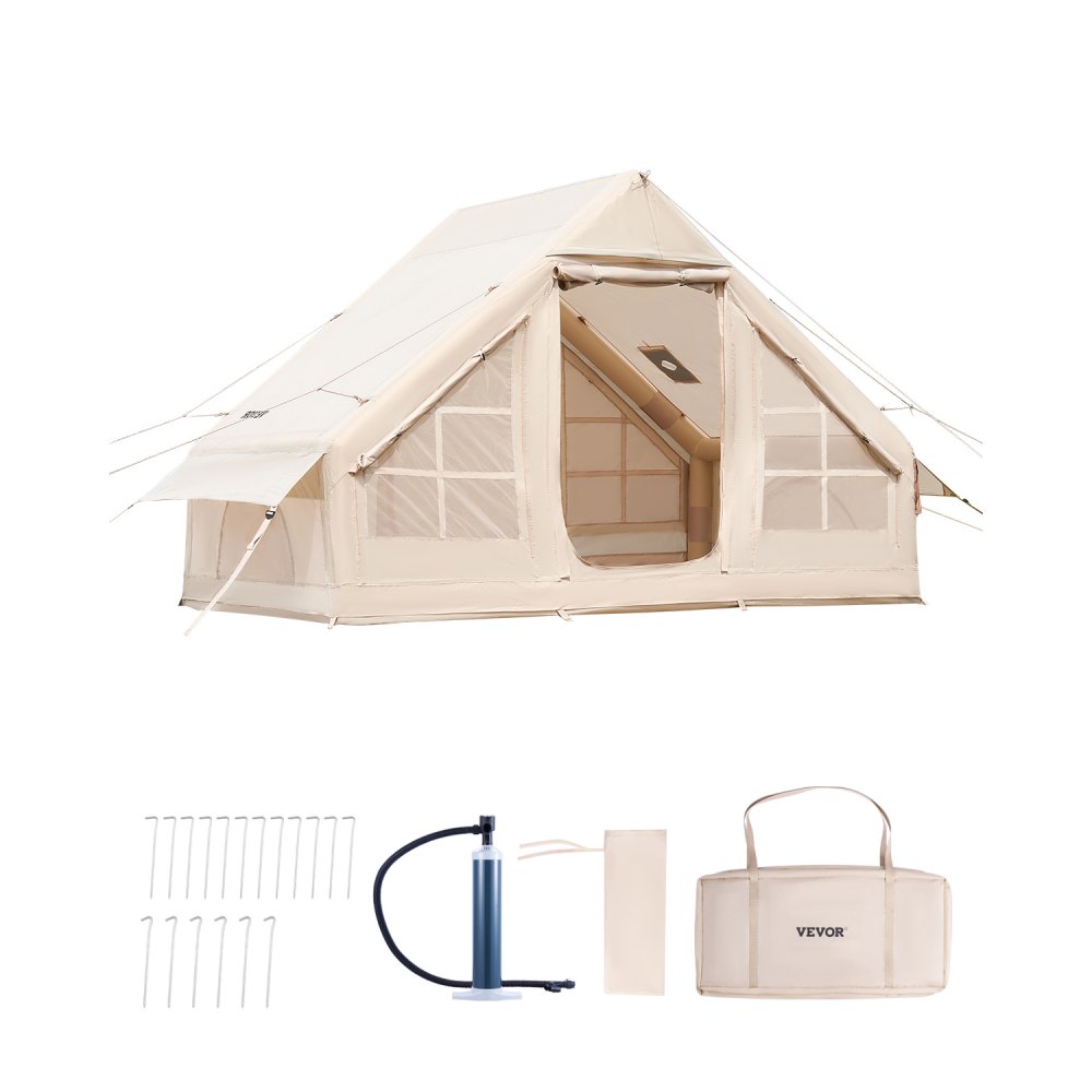 VEVOR Opblaasbare Kampeertent 3x2x2m, 3-5 Personen, 300D Oxford 4-Seizoens Glamping Tent met Handpomp, Kooktoestelaansluiting, 2 Deuren & 2 Gaasramen, incl. Opbergtas voor Transport