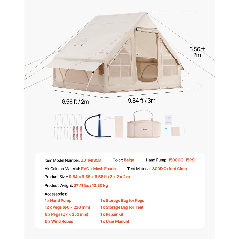 VEVOR Opblaasbare Campingtent 3x2x2m, 3-5 personen, 300D Oxford 4-seizoenen glampingtent met handpomp, aansluiting voor kooktoestel, 2 deuren en 2 gaasramen, incl. opbergtas voor transport