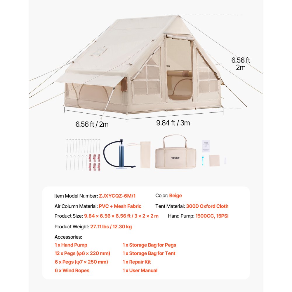 VEVOR Opblaasbare Campingtent 3x2x2m, 3-5 personen, 300D Oxford 4-seizoenen glampingtent met handpomp, aansluiting voor kooktoestel, 2 deuren en 2 gaasramen, incl. opbergtas voor transport