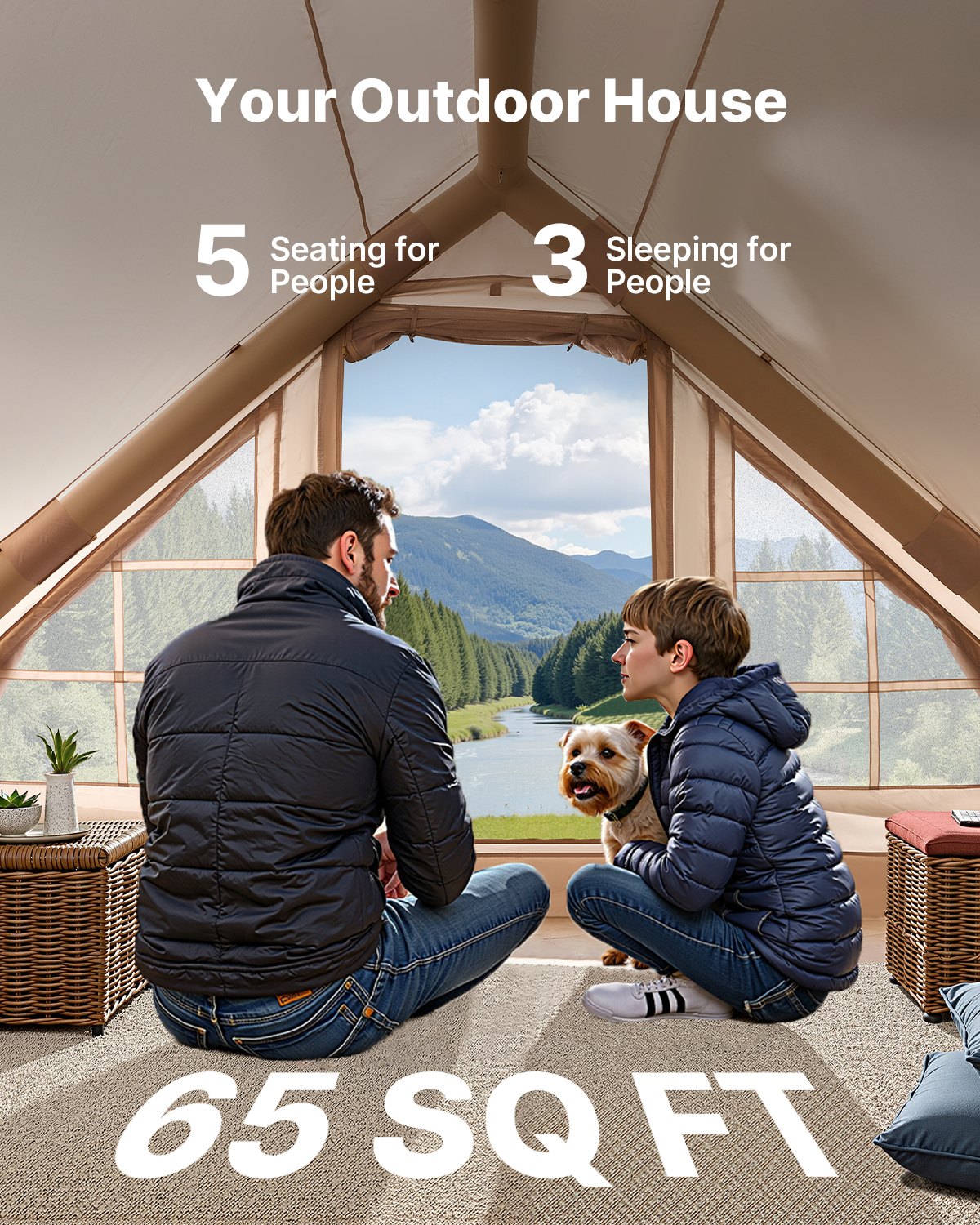 VEVOR Opblaasbare Kampeertent 3x2x2m, 3-5 Personen, 300D Oxford 4-Seizoens Glamping Tent met Handpomp, Kooktoestelaansluiting, 2 Deuren & 2 Gaasramen, incl. Opbergtas voor Transport