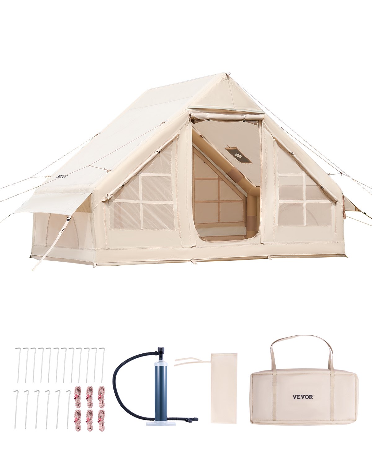 VEVOR Opblaasbare Campingtent 3x2x2m, 3-5 personen, 300D Oxford 4-seizoenen glampingtent met handpomp, aansluiting voor kooktoestel, 2 deuren en 2 gaasramen, incl. opbergtas voor transport