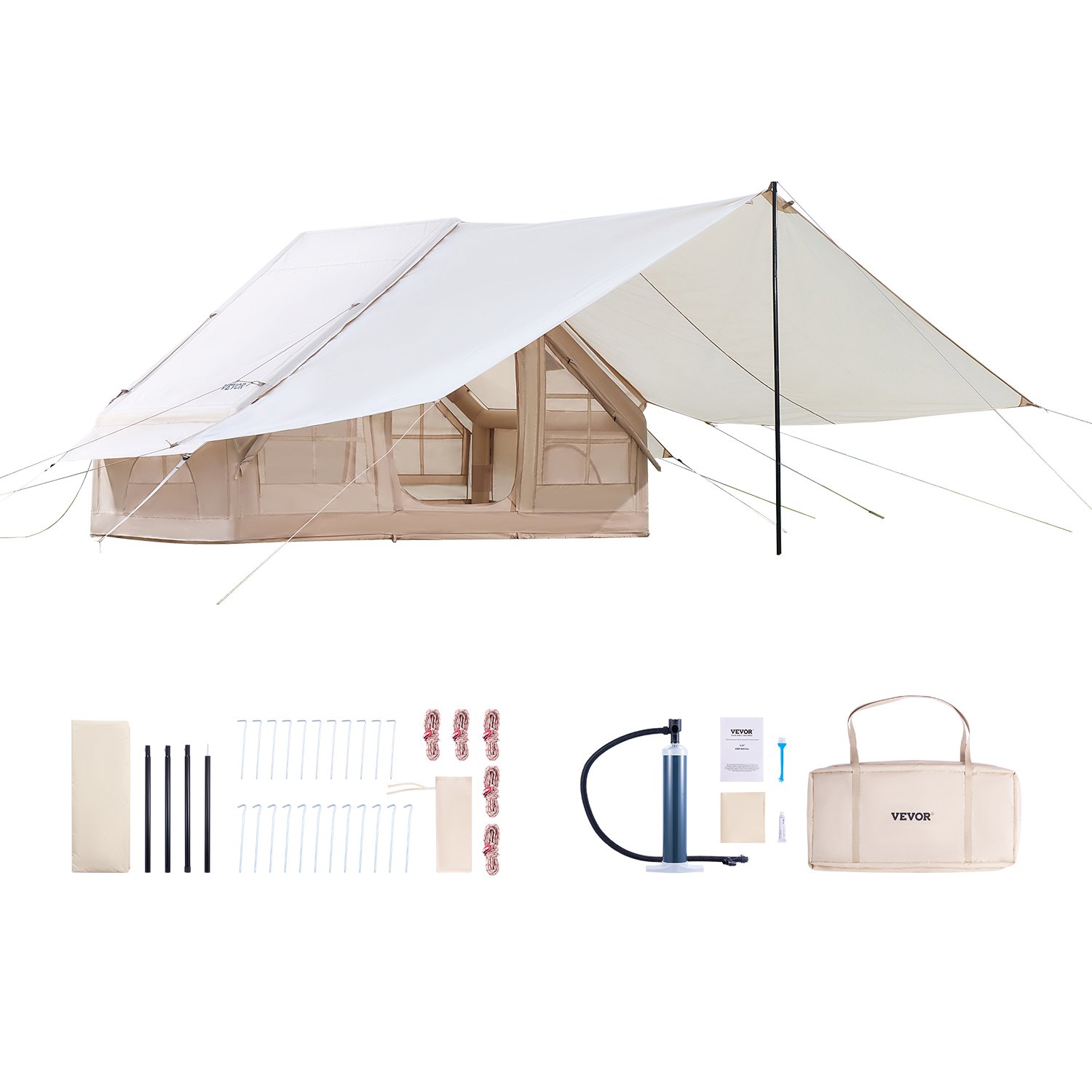 VEVOR Opblaasbare kampeertent 3x2x2 m, 3-5 personen, 300D Oxford 4-seizoenen glampingtent met luifel, handpomp, kachelaansluiting, 2 deuren en 2 gaasramen (opbergtas inbegrepen)
