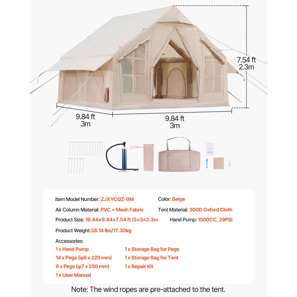 VEVOR Opblaasbare Kampeertent 3x3x2,3 m, 4-6 Personen, 300D Oxford 4-seizoenen glampingtent met handpomp, kachelaansluiting, 2 deuren en 4 gaasramen, incl. opbergtas voor transport