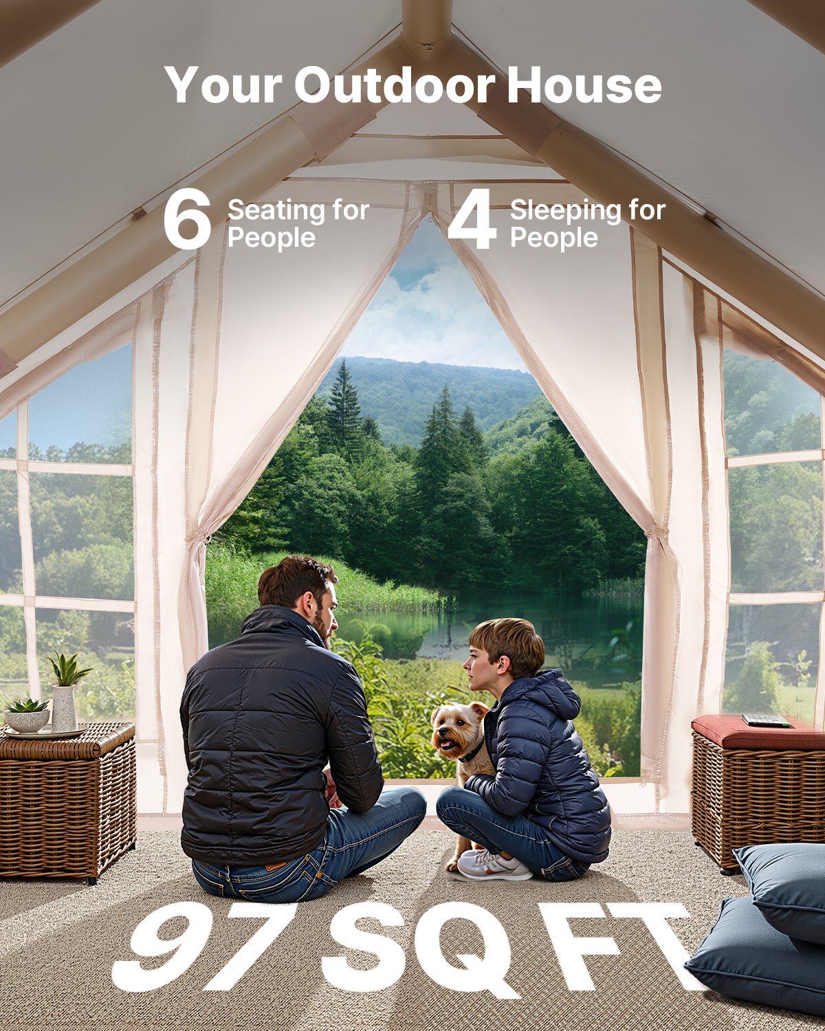 VEVOR Opblaasbare Kampeertent 3x3x2,3 m, 4-6 Personen, 300D Oxford 4-seizoenen glampingtent met handpomp, kachelaansluiting, 2 deuren en 4 gaasramen, incl. opbergtas voor transport