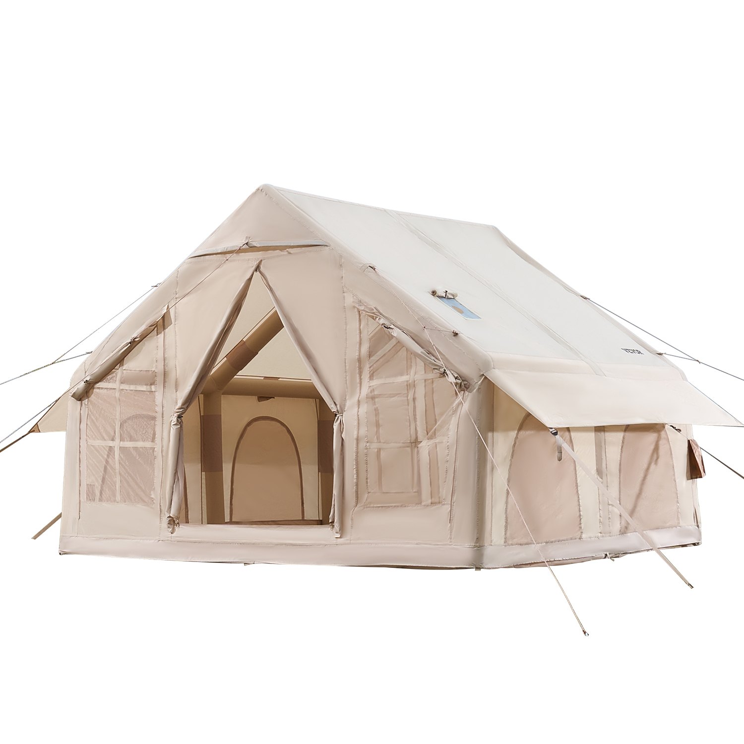 VEVOR Opblaasbare Kampeertent 3x3x2,3 m, 4-6 Personen, 300D Oxford 4-seizoenen glampingtent met handpomp, kachelaansluiting, 2 deuren en 4 gaasramen, incl. opbergtas voor transport