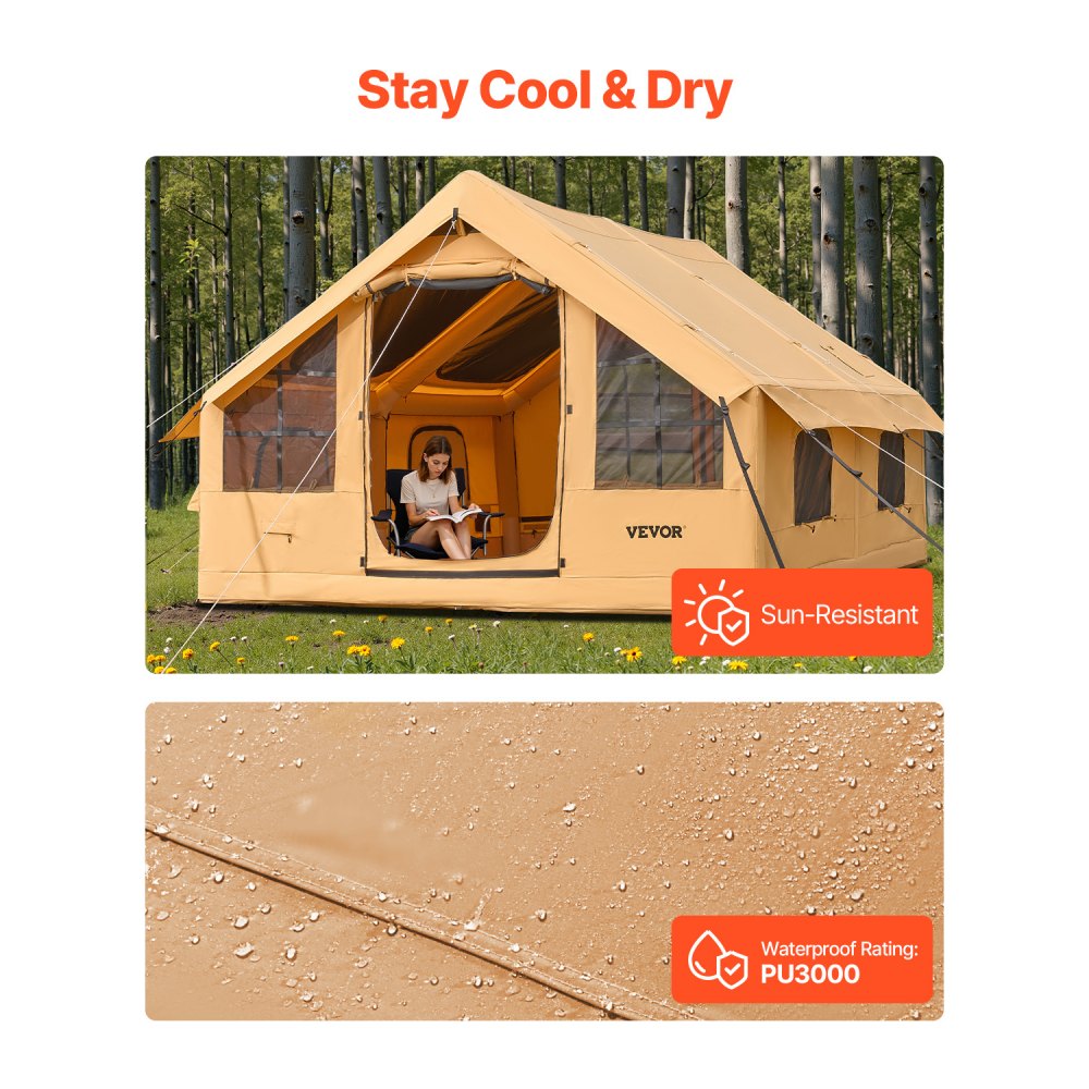 VEVOR Inflatable Tents for Camping, 5-8 Person Easy Setup Blow up Tent with Hand Pump, Luxury Glamping Tent with 2 Skylights, Canopy, Stove Jack 2 Doors & Mesh Windows (Storage Bag Included)