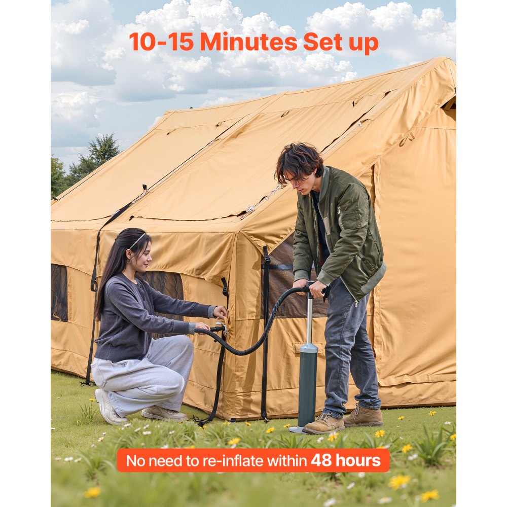 VEVOR Opblaasbare Campingtent, Tent voor 5-8 Personen met Handpomp, 4x3x2,2 m Glampingtent met 2 Dakramen, Luifel, Aansluiting voor Kooktoestel, 2 Deuren, Gaasramen & Opbergtas