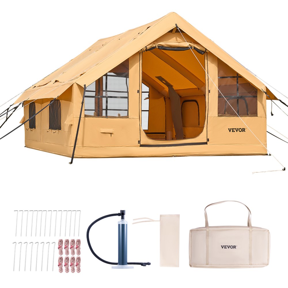 VEVOR Opblaasbare Campingtent, Tent voor 5-8 Personen met Handpomp, 4x3x2,2 m Glampingtent met 2 Dakramen, Luifel, Aansluiting voor Kooktoestel, 2 Deuren, Gaasramen & Opbergtas