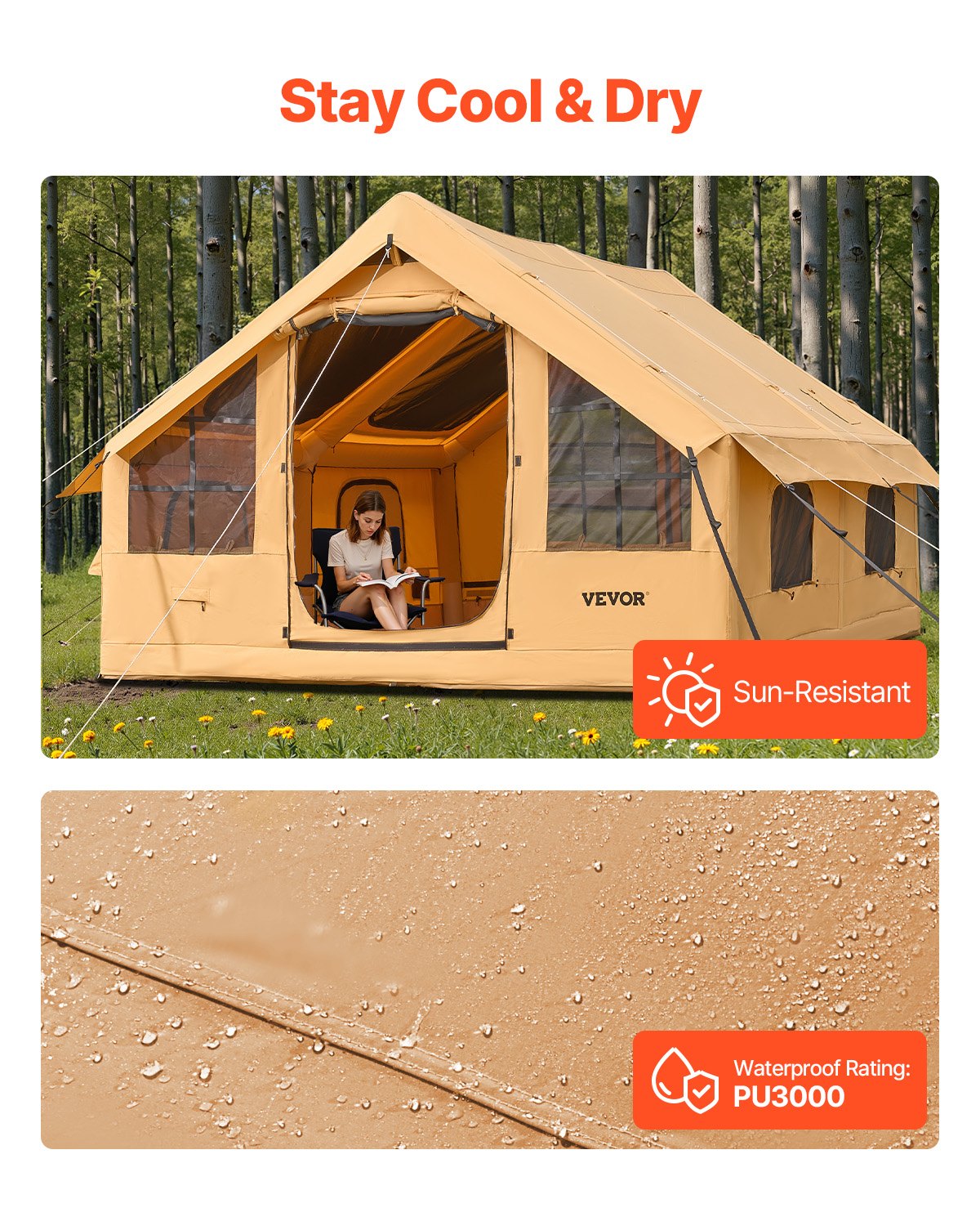 VEVOR Opblaasbare Campingtent, Tent voor 5-8 Personen met Handpomp, 4x3x2,2 m Glampingtent met 2 Dakramen, Luifel, Aansluiting voor Kooktoestel, 2 Deuren, Gaasramen & Opbergtas