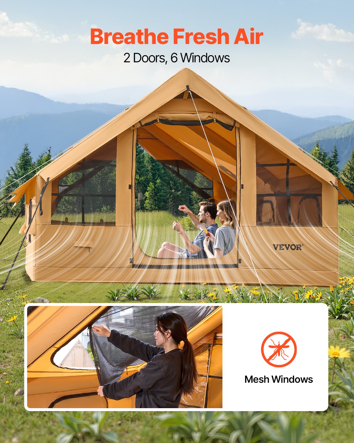 VEVOR Opblaasbare Campingtent, Tent voor 5-8 Personen met Handpomp, 4x3x2,2 m Glampingtent met 2 Dakramen, Luifel, Aansluiting voor Kooktoestel, 2 Deuren, Gaasramen & Opbergtas