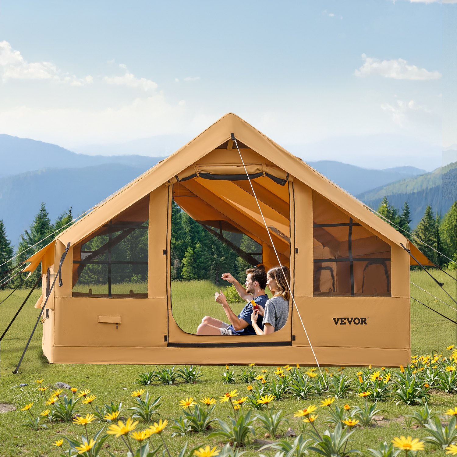 VEVOR Opblaasbare Campingtent, Tent voor 5-8 Personen met Handpomp, 4x3x2,2 m Glampingtent met 2 Dakramen, Luifel, Aansluiting voor Kooktoestel, 2 Deuren, Gaasramen & Opbergtas