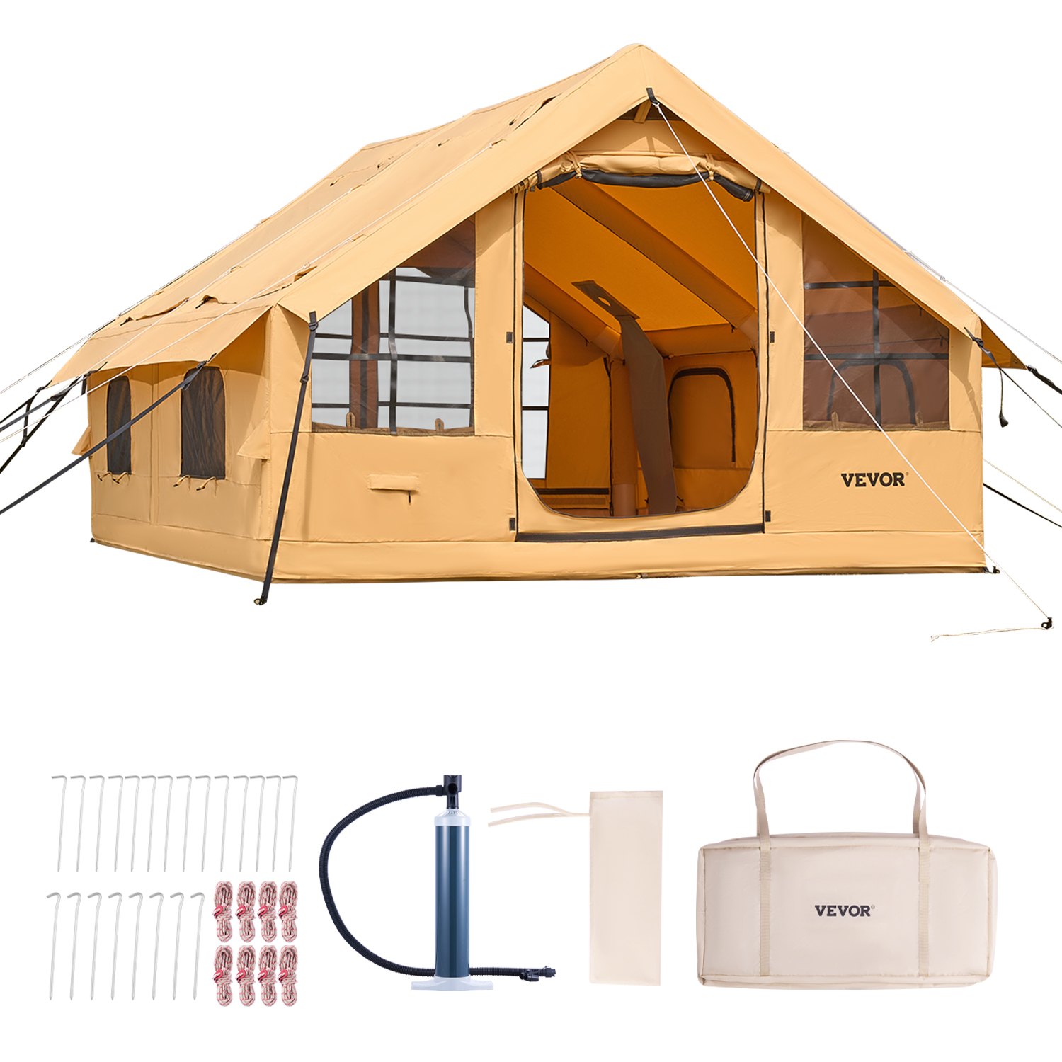 VEVOR Opblaasbare Campingtent, Tent voor 5-8 Personen met Handpomp, 4x3x2,2 m Glampingtent met 2 Dakramen, Luifel, Aansluiting voor Kooktoestel, 2 Deuren, Gaasramen & Opbergtas
