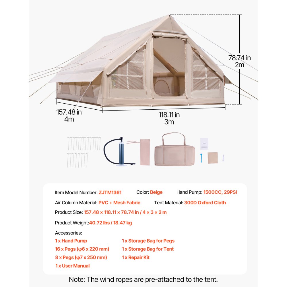VEVOR Opblaasbare Kampeertent 4x3x2 m, 5-8 Personen, 300D Oxford Glamping Tent met Kooktoestelaansluiting, Handpomp, 2 Deuren & 4 Gaasramen, incl. Opbergtas voor Eenvoudig Transport