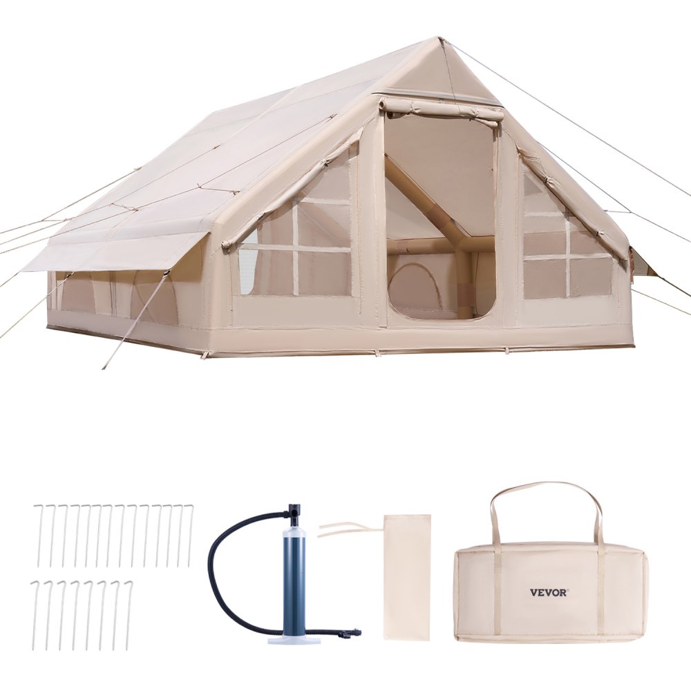 VEVOR Opblaasbare Kampeertent 4x3x2 m, 5-8 Personen, 300D Oxford Glamping Tent met Kooktoestelaansluiting, Handpomp, 2 Deuren & 4 Gaasramen, incl. Opbergtas voor Eenvoudig Transport