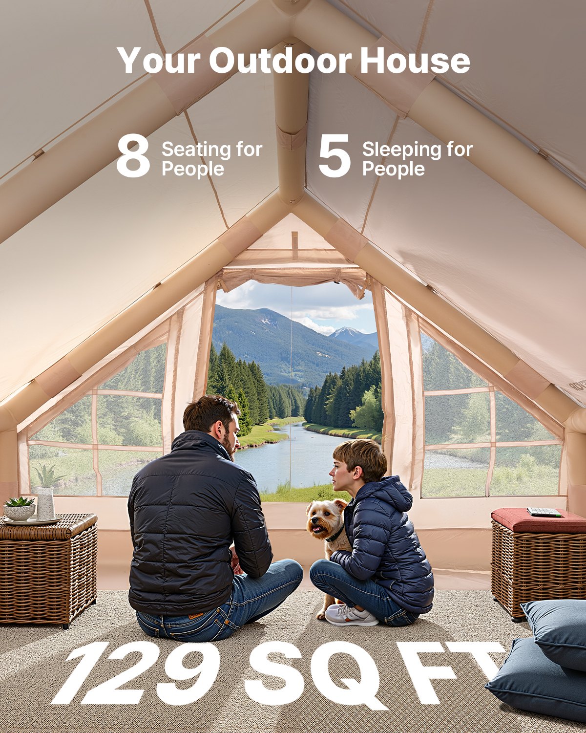 VEVOR Opblaasbare Kampeertent 4x3x2 m, 5-8 Personen, 300D Oxford Glamping Tent met Kooktoestelaansluiting, Handpomp, 2 Deuren & 4 Gaasramen, incl. Opbergtas voor Eenvoudig Transport