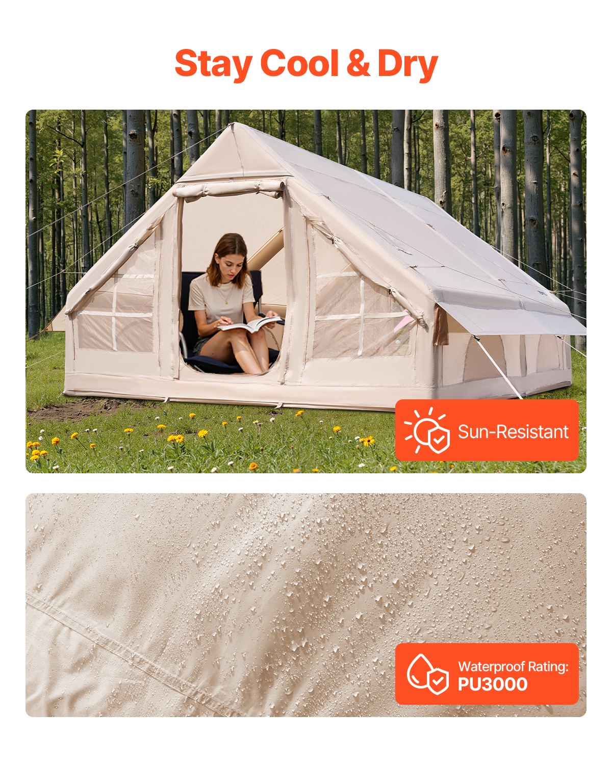 VEVOR Opblaasbare Kampeertent 4x3x2 m, 5-8 Personen, 300D Oxford Glamping Tent met Kooktoestelaansluiting, Handpomp, 2 Deuren & 4 Gaasramen, incl. Opbergtas voor Eenvoudig Transport