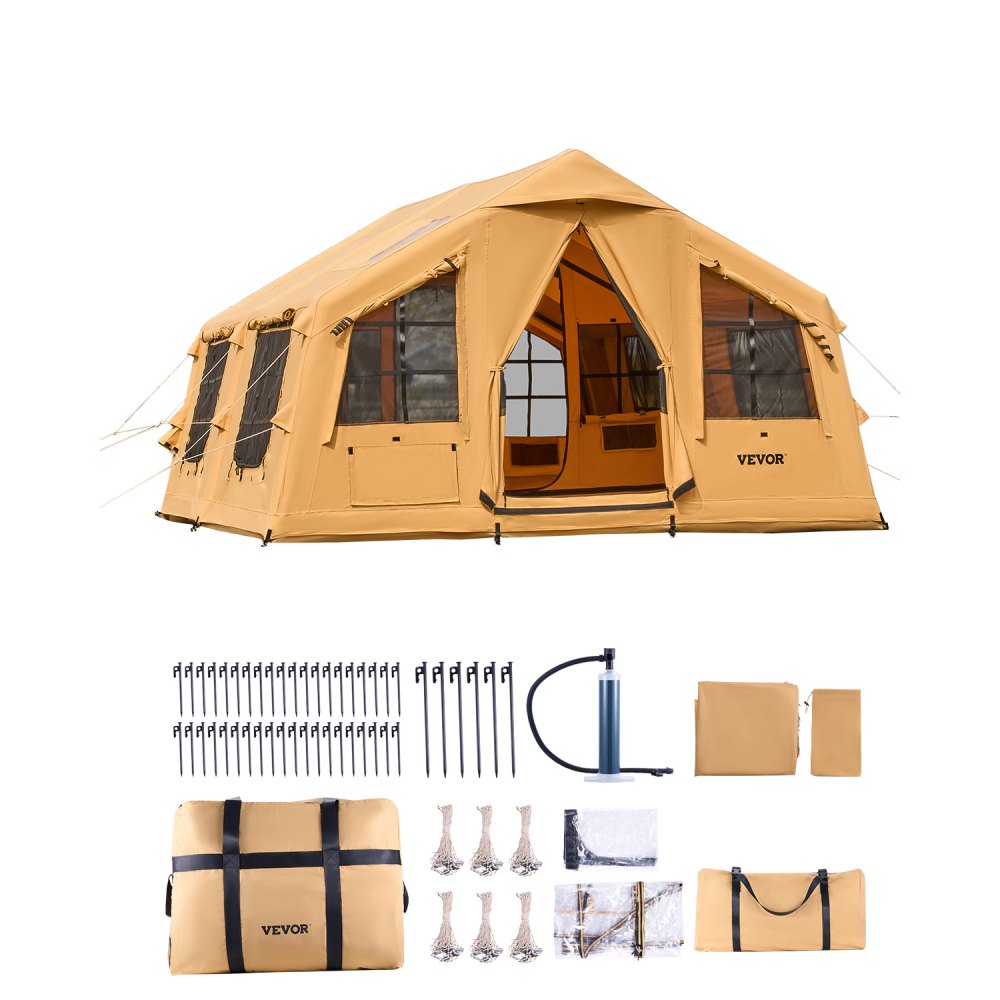 VEVOR Inflatable Tents for Camping, 8-12 Person Easy Setup Blow up Tent with Hand Pump, 4 Season Luxury Glamping Tent with 2 Skylights, Canopy, Stove Jack, 2 Doors & Mesh Windows (Include Storage Bag)
