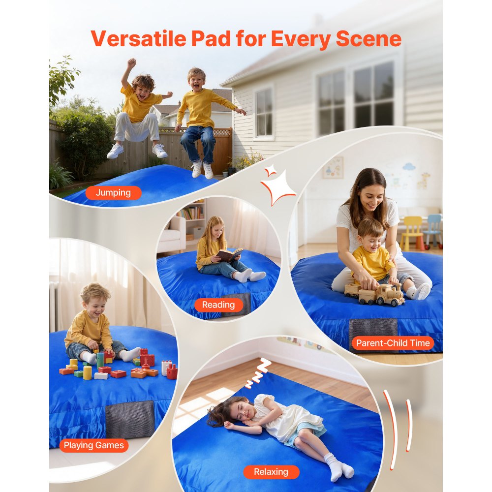 VEVOR Crashpad 150 x 150 cm, kindermat met schuimblokken en wasbare hoes, zachte schuimrubberen landingszone, valbeschermingsmat, speeltoestel voor sensorische ruimtes om op te springen, te ontspannen en te spelen, blauw
