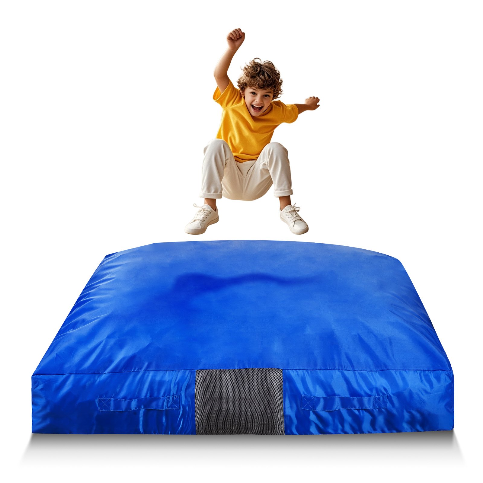 VEVOR Crashpad 150 x 150 cm, kindermat met schuimblokken en wasbare hoes, zachte schuimrubberen landingszone, valbeschermingsmat, speeltoestel voor sensorische ruimtes om op te springen, te ontspannen en te spelen, blauw