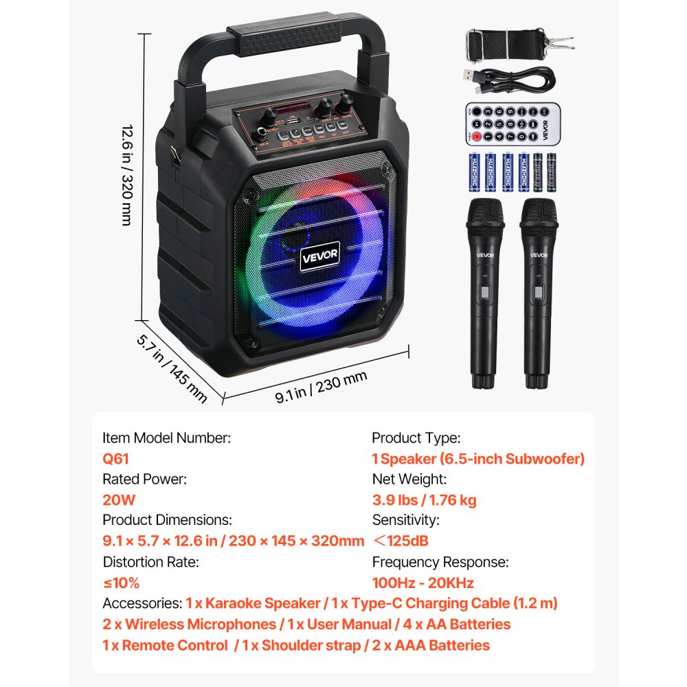 VEVOR Karaokemachine, 20W, 6-inch draagbare Bluetooth-luidspreker met 2 draadloze microfoons, LED, TWS-functie, handvat, schouderband, ondersteunt micro-TF-kaart, USB, AUX, voor thuisfeesten