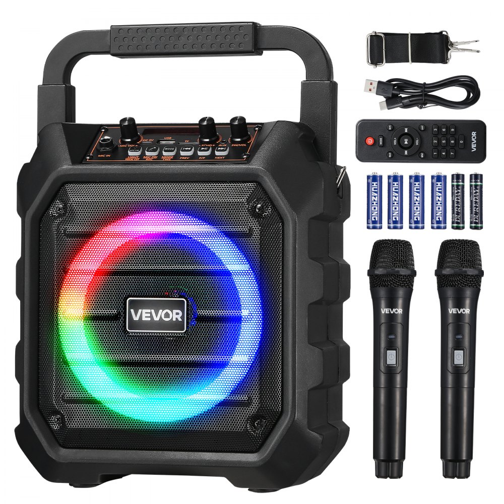 VEVOR Karaokemachine, 20W, 6-inch draagbare Bluetooth-luidspreker met 2 draadloze microfoons, LED, TWS-functie, handvat, schouderband, ondersteunt micro-TF-kaart, USB, AUX, voor thuisfeesten